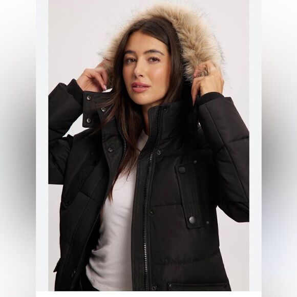 Noize Astrid Mid Length Black Parka Jacket Faux Fur Hood Coat Size Small - Picture 3 of 15